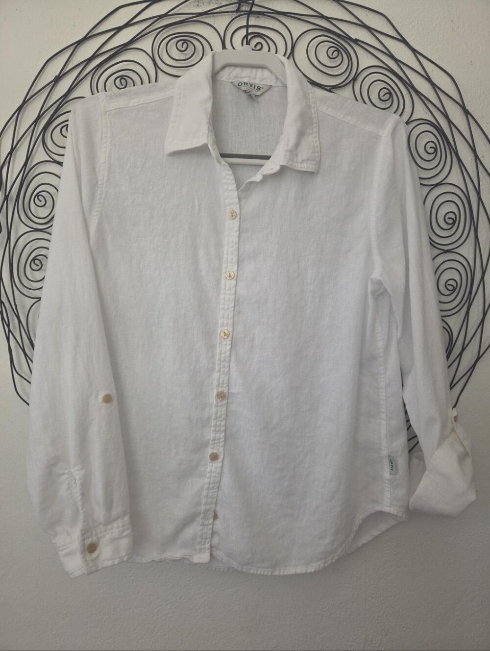 Orvis Women’s Small White Linen Rayon Button Down Roll Tab Shirt - Picture 2 of 6